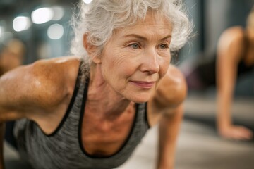 In a fitness class, a senior woman performs a gentle plank exercise with a look of concentration and resolve. The atmosphere is supportive and energetic, highlighting her dedication