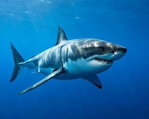 Fototapeta premium Realistic depiction of a great white shark swimming in deep blue ocean waters highlighting its powerful features and natural habitat