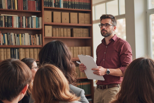 Caucasian young adult man standing in front of group of teenagers holding clipboard, addressing students in classroom setting with bookshelves in background, engaging in educational discussion