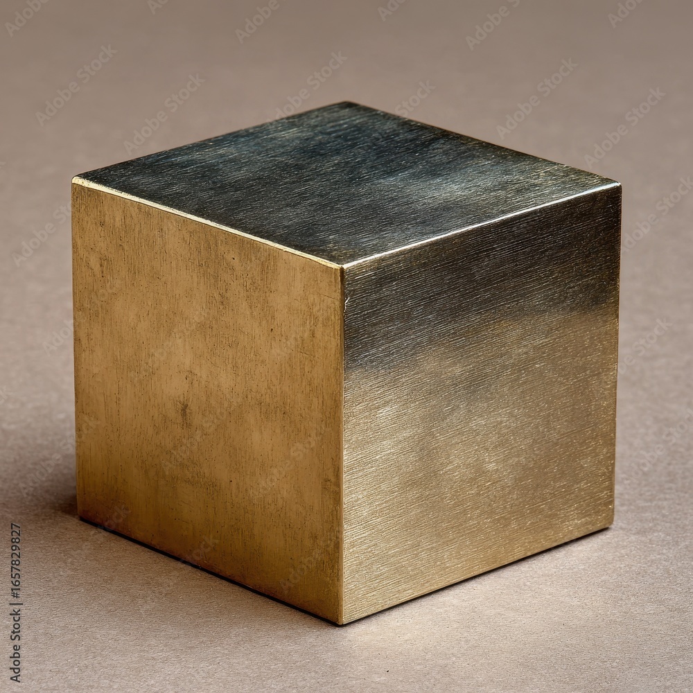 Poster Close up view of a gold cube on a neutral background. The cube shows a textured surface.
