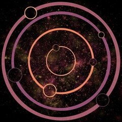 The concentric circles with smaller circles against a starry cosmic scene background