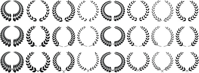Set black silhouette circular laurel foliate, wheat and oak wreaths depicting an award, achievement, heraldry, nobility on white background. Emblem floral Greek branch flat style - stock vector.