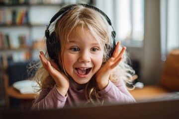 Excited child wearing headphones is animatedly talking on a video call with grandparents, enjoying a heartwarming connection in a cozy living room setting