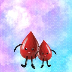 Two blood drops cartoon against pink, purple and blue gradient honeycomb or hexagon pattern