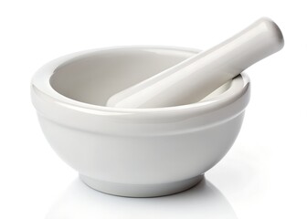 White ceramic mortar and pestle set on a white background, ideal for grinding herbs and spices in culinary applications.