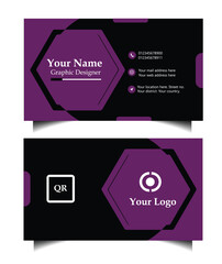 Modern hexagonal business card design with purple accents and black background