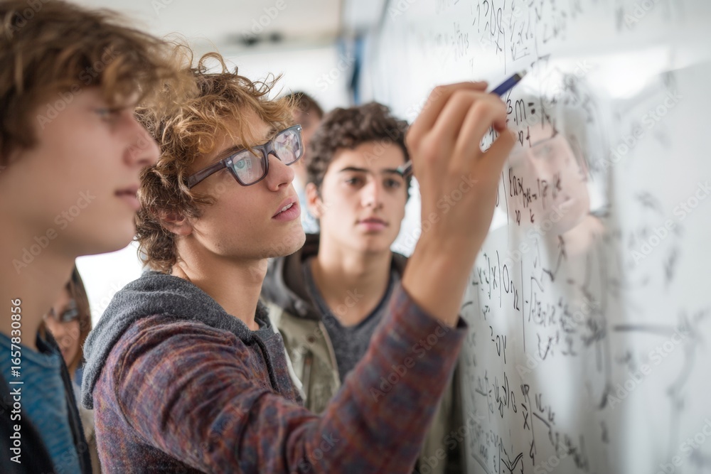 Poster three high school students engage in a math study session, focusing on equations written on the whit