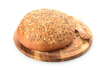 Wooden board with fresh bread, wheat spikelets and spoon of grains on white background