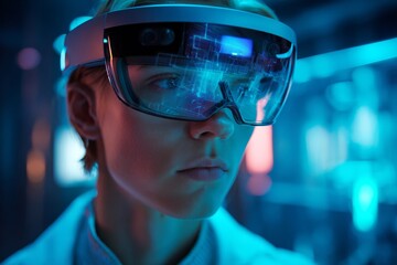 A young person is immersed in a tech-focused environment, wearing augmented reality goggles while interacting with digital overlays in a high-tech laboratory at night