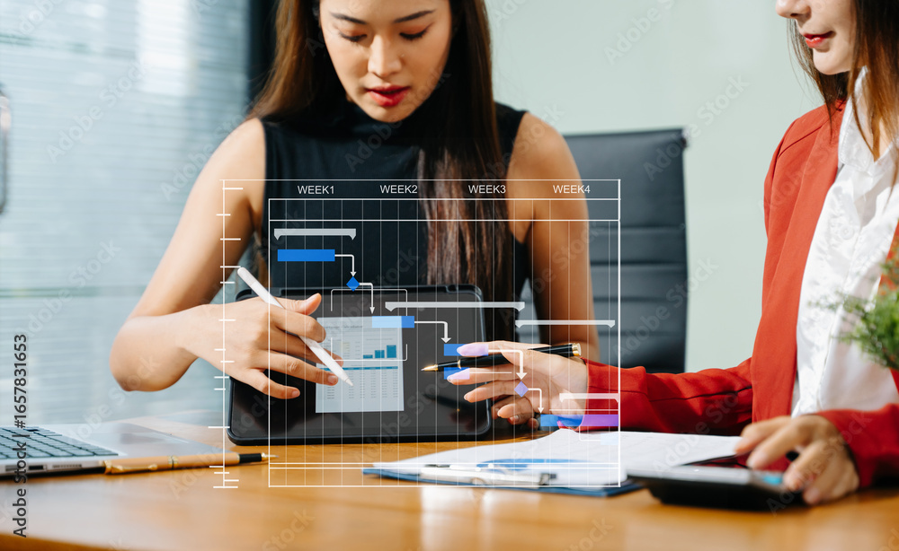 Fototapete project manager working and update tasks with milestones progress planning and gantt chart schedulin