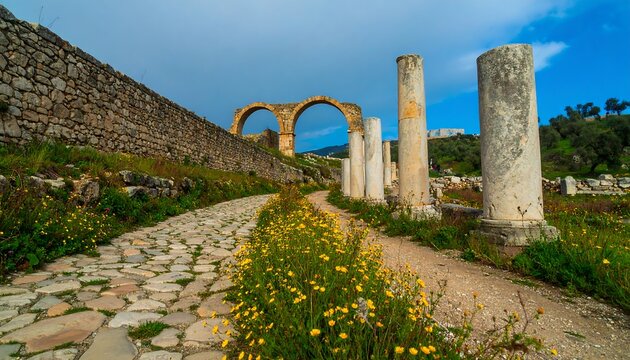 Ancient stone path winds through a historical site, adorned with pillars and arches under a clear sky.
