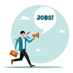 Job advertisement or vacancy announcement concept. Businessman announce jobs on megaphone.