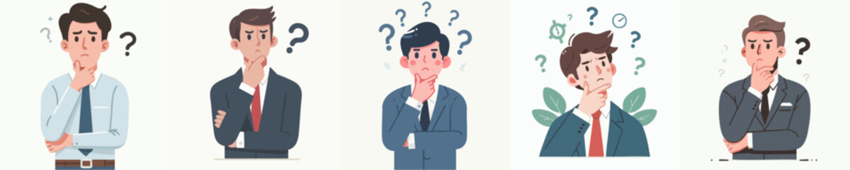 Cartoon Illustration of Puzzled Businessman in Various Thinking Poses Character Art