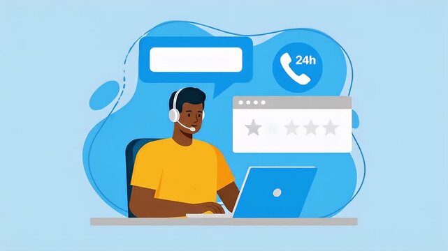 Customer conversation with technical support employee. After the conversation, the customer gives 5 stars of satisfaction. Flat design style animation.