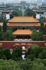 Elevated panorama of a grand imperial palace, revealing its symmetrical axis and layers of historic...