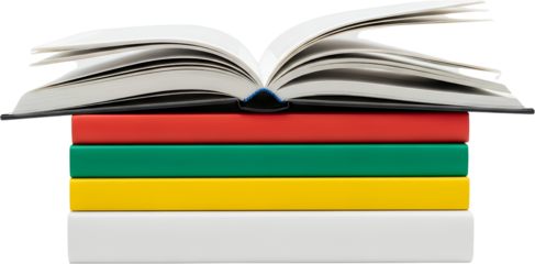 Open book rests on a stack of four colorful blank hardcover books stack of books reading literature knowledge transparent background