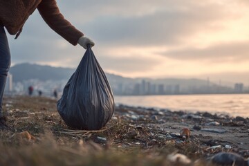 A person in gloves gathers trash from the beach at sunset, surrounded by debris. The landscape features distant city buildings and mountains, highlighting the importance of environmental care