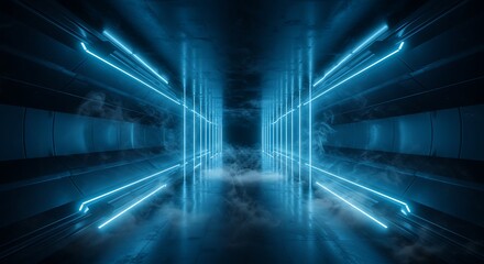 Futuristic Blue Neon Hallway with Haze - Abstract Technology Background