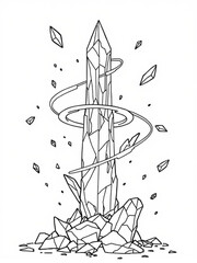 Minimilist monochrome illustration of a tall crystal formation with a swirling ring and scattered shards around it vector