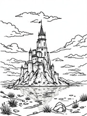 Minimilist illustration of a castle on a rocky island reflected in water under a cloudy sky in black and white vector