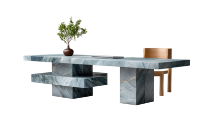 Elegant modern dining table made of marble with a simple wooden chair and minimalistic vase featuring a vibrant green plant for stylish interior decor.