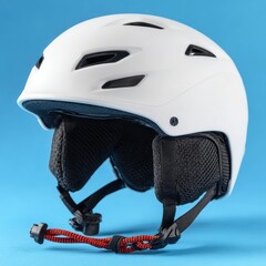Fototapeta premium White snow sports helmet with black ear pads against a blue background.