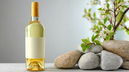 Naklejka premium Bottle of white wine with blank label, beside smooth stones and blossoming branches on a neutral background.