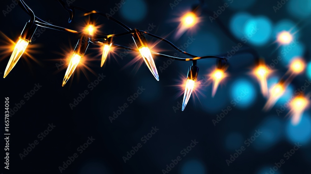 Poster a close-up of sparkling string lights illuminating a dark background, creating a festive atmosphere