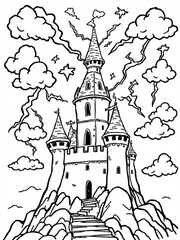 Fototapeta premium Minimilist detailed line art of a castle on a rocky mountain with lightning and clouds in the sky above it all vector