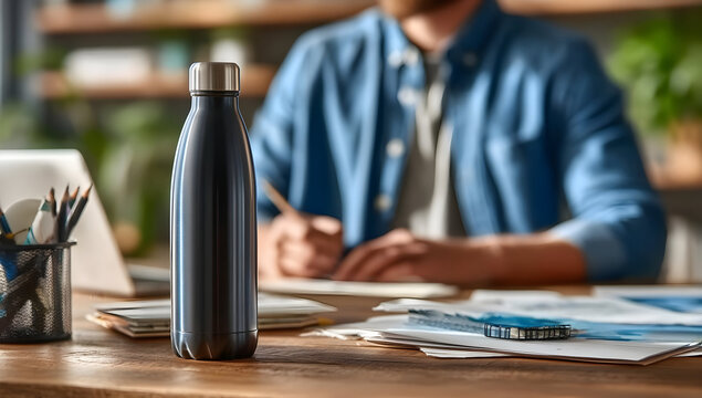 A stylish reusable water bottle sits on a desk, while a person writes notes. This image captures modern work life and sustainable habits well.