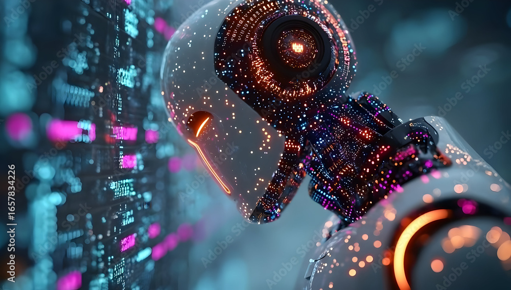 Poster a futuristic robot with glowing circuits gazes into a digital interface, symbolizing the intersectio