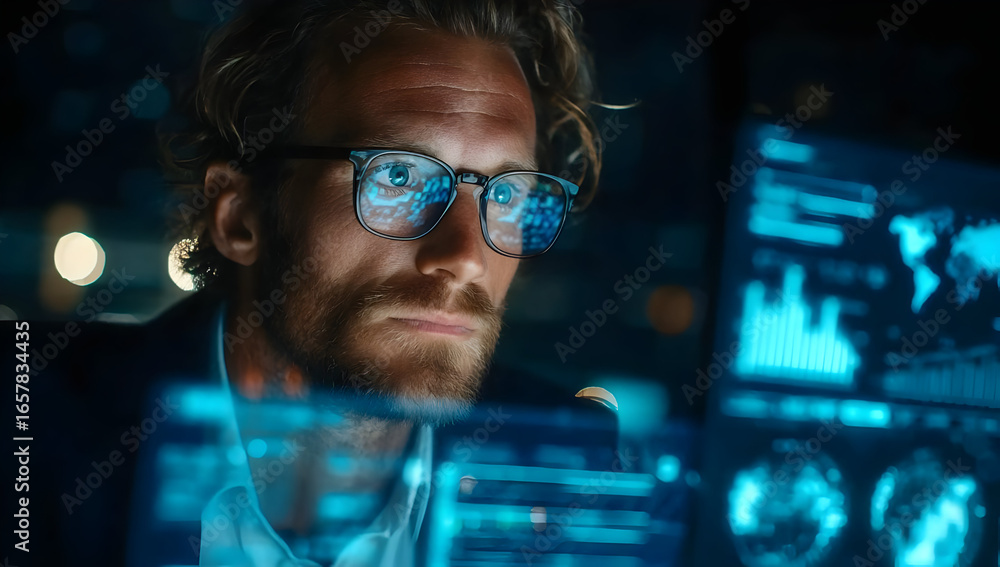 Poster A focused businessman examines data on multiple screens, showcasing the modern work environment driven by technology and analytics.
