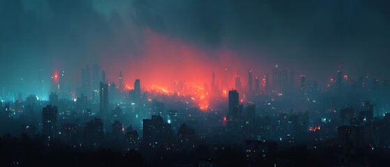 Fototapeta premium Night city skyline silhouette with glowing neon lights and modern skyscrapers under dark sky, urban view with large space for text overlay, perfect for marketing and event promotion.