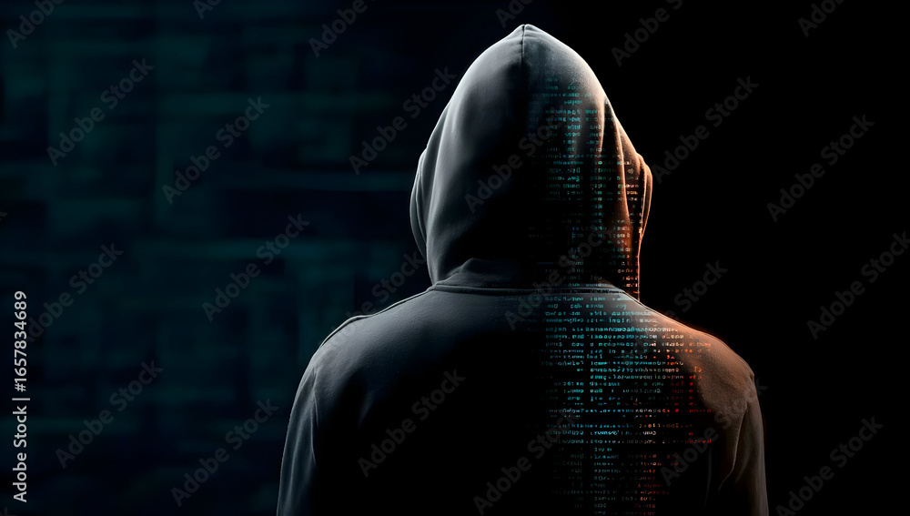 Poster a mysterious figure in a hoodie stands against a dark backdrop with digital elements, symbolizing an