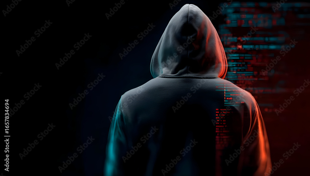 Poster a mysterious hooded figure stands against a digital backdrop filled with glowing code, symbolizing c