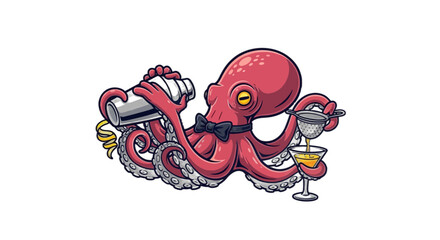 Sophisticated octopus bartender expertly crafts a cocktail, shaking with flair and precision in a modern bar © Sithija