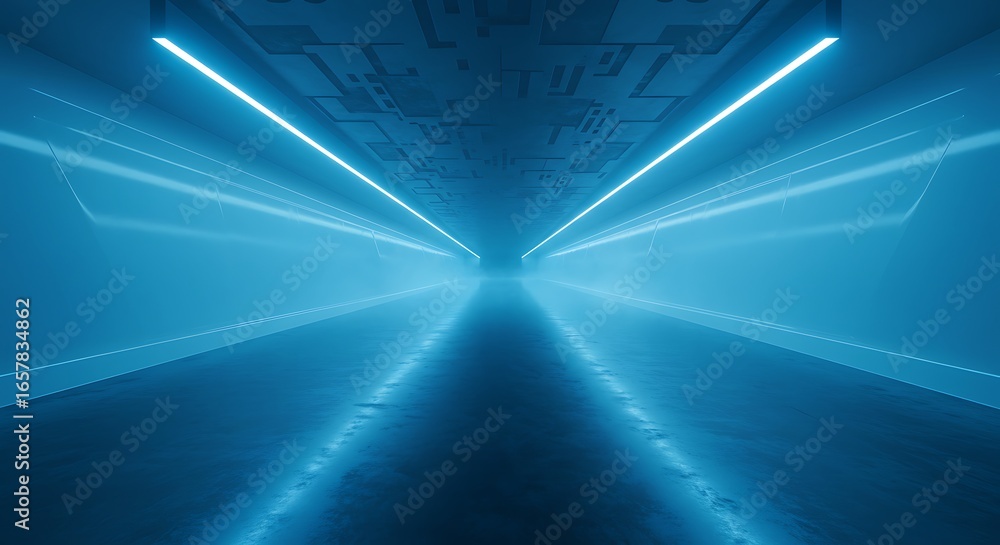 Poster vibrant blue futuristic illuminated tunnel with abstract light trails creating a dynamic sense of sp