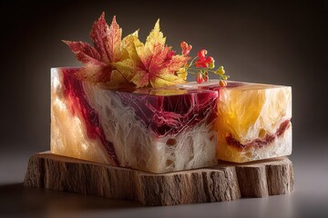 Two blocks of marbled resin, autumnal colors, on wood slice