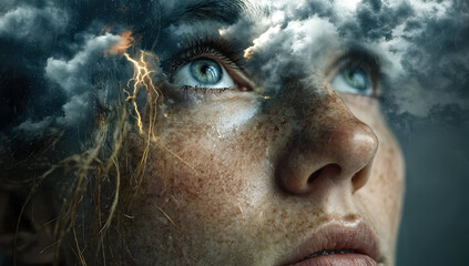 A striking portrait representing introspection, with a person gazing upward as clouds swirl above, symbolizing inner thoughts and emotions.