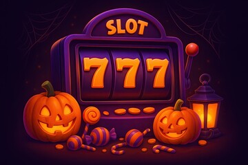3D Halloween slot machine with winning jackpot combination of triple sevens 777 and mystical design