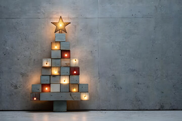 A modern and minimalistic Christmas tree made of wooden blocks, adorned with lights, set against a concrete wall, creating a stylish festive atmosphere.