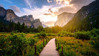 Majestic Yosemite Valley at Sunset with Wooden Boardwalk and Dramatic Sky.