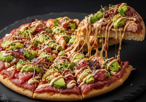 Sushi Pizza with Tuna, Salmon & Avocado – Japanese Fusion, Cheese Pull, Sesame Drizzle - Powered by Adobe