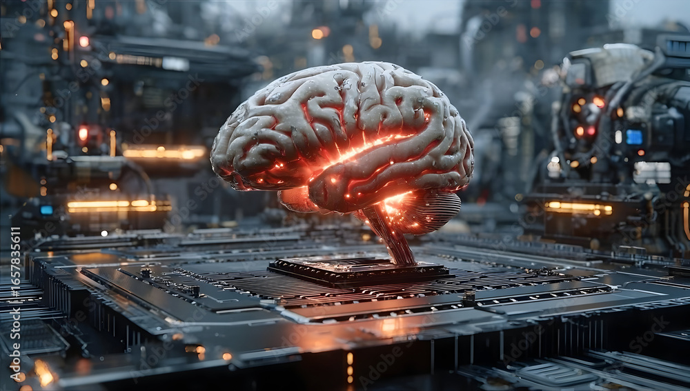 Poster a futuristic, glowing brain model positioned on a sleek technological platform, symbolizing advanced