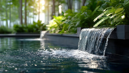A serene view of a tranquil water feature surrounded by lush greenery, offering a peaceful escape in nature's embrace, perfect for relaxation and meditation.