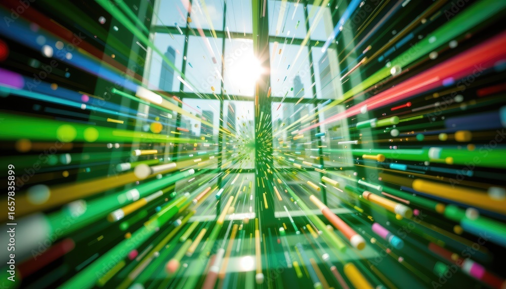 Poster Vibrant Light Burst Through Window Creating Abstract Colorful Patterns and Dynamic Motion Effect in Urban Environment