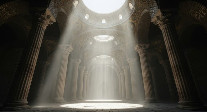 Majestic ancient architectural wonder bathed in divine light beams - Powered by Adobe