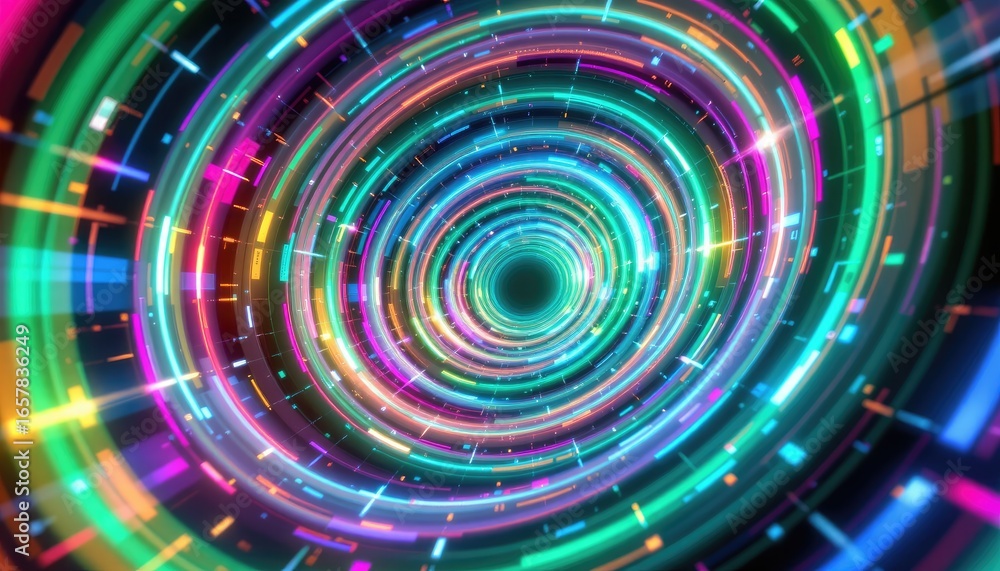 Poster abstract colorful light tunnel with vibrant spirals and circular patterns in a digital space