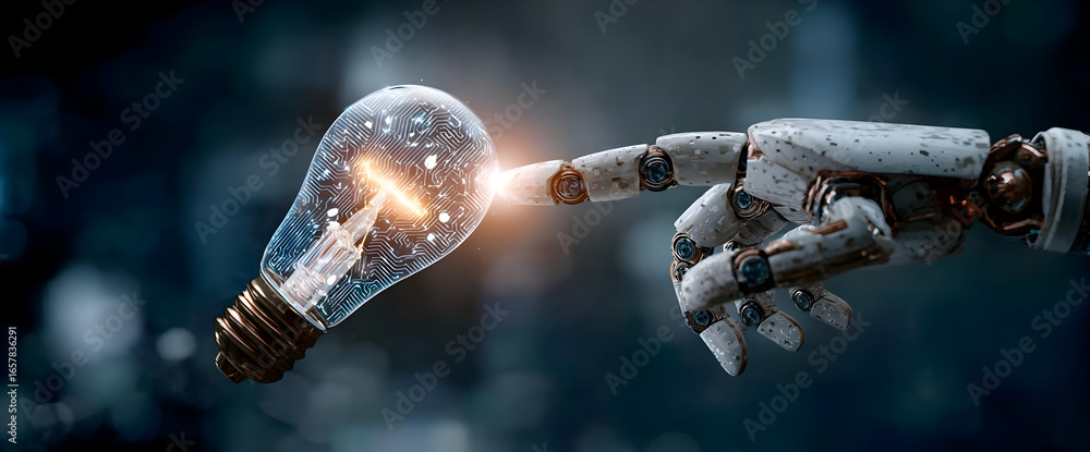Poster a robotic hand poised to touch a glowing light bulb, symbolizing the fusion of artificial intelligen