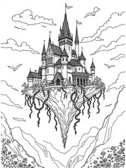 Obraz premium Minimilist detailed line art of a floating castle with spires and flags above mountainous terrain and clouds vector